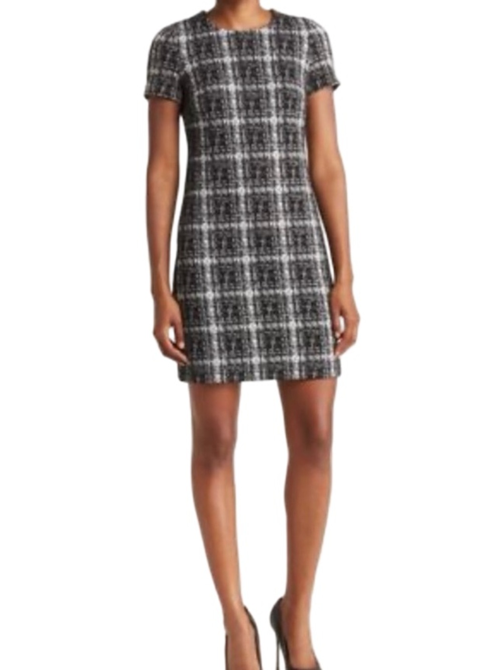 Calvin Klein Black and White Plaid Career Back Zip Short Sleeve Sheath Dress